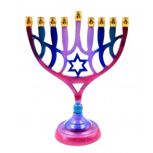 Colorful Chanukah Menorah on Stem with Star of David - For Candles