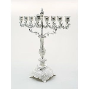 Large Silver Plated Chanukah Menorah, Filigree Design with Flame - 15.3 Inches