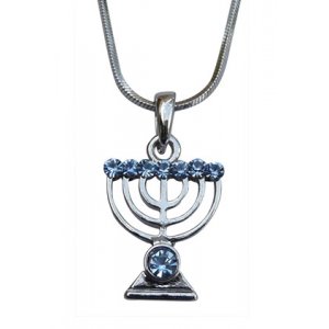 Rhodium Plated Pendant Necklace, Seven-Branch Menorah - Blue Stones