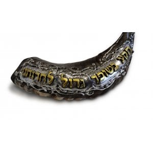 Decorative Rams Horn Shofar, Gold and Silver - Hebrew Words Praying for Freedom