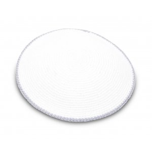 Hand Knitted Cotton Kippah - Solid White with Gray Border