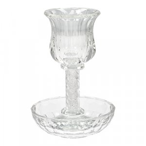 Crystal Glass Stem Kiddush Cup and Tray - Decorative Crushed Clear Stones