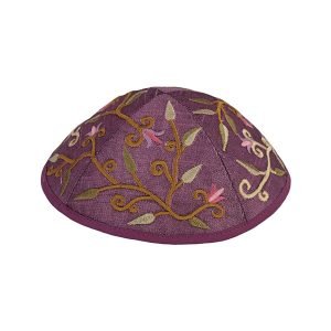 Yair Emanuel Kippah, Embroidered Flowers and Leaves - Purple