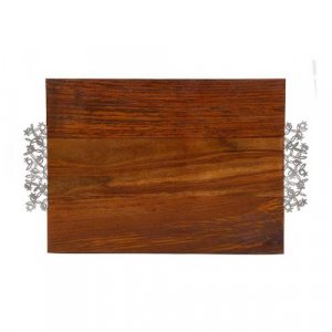 Yair Emanuel Grained Dark Wood Challah Board, Laser Cut Handle - Pomegranates