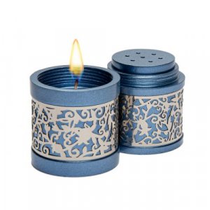 Yair Emanuel Compact Havdalah Spice Box & Candle Holder, Cutout Design - Blue