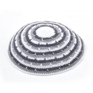 Handknitted DMC Cotton Kippah - Gray and White Circular Stripes