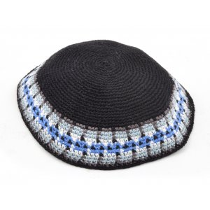 Blue Hand Knitted Premium DMC Cotton Kippah - White and Blue Border