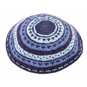 Blue Hand Knitted Premium DMC Cotton Kippah - Blue and Light Blue Stripes