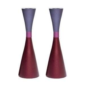 Yair Emanuel Large Cone Shaped Candlesticks with Band - Two Tone Maroon and Purple