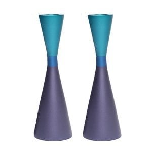 Yair Emanuel Large Cone Shaped Candlesticks with Band - Two Tone Turquoise and Purple