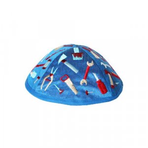 Yair Emanuel Kippah for Children  Embroidered Tools on Blue