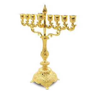 Decorative Gold Chanukah Menorah with Filigree Design, Flame Rod - 15.3 Inches