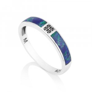 Sterling Silver Ring with Blue-Green Eilat Stone and Band with Diamond Shapes