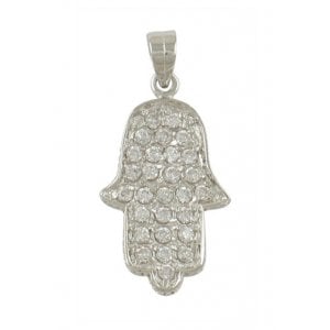 Rhodium Plated Zirconium Hamsa Pendant