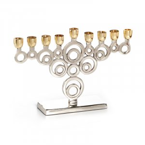 Nickel Plated Chanukah Menorah with Gold Cups, Circle Design  7" Height