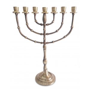 Seven Branch Menorah, Dark Gold Brass with Bead Decoration - 15"