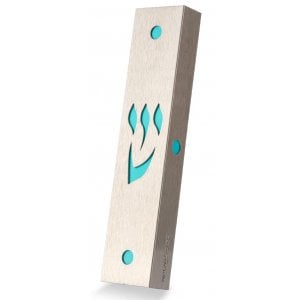 Dorit Judaica Stainless Steel Mezuzah Case, Cutout Shin Letter - Turquoise