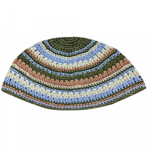 Hand Made Frik Kippah with Light Blue, Beige and Green Stripes