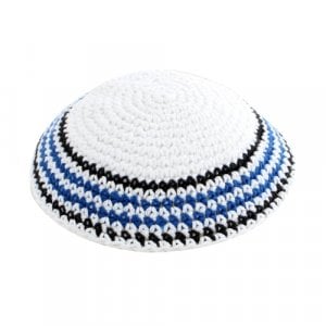 White Knitted Kippah with Blue, Black and White Border Stripes