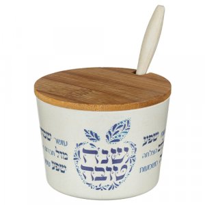 Rosh Hashanah Bamboo Honey Dish with Lid and Spoon, Blessing Words - Blue