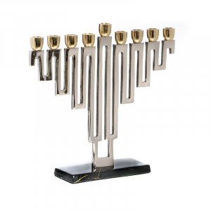 Nickel Plated Chanukah Menorah, Geometric Design - Silver and Gold