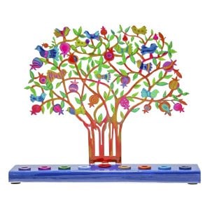 Yair Emanuel Hand Painted Chanukah Menorah, Colorful Pomegranate Tree and Birds