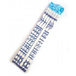 Six Souvenir Wood Pencils Decorated with Star of David, Menorah and Jerusalem