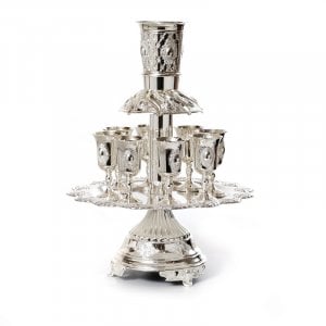 Silver Plated Raised Kiddush Fountain, Eight Stem Cups - Decorative Oval Motif