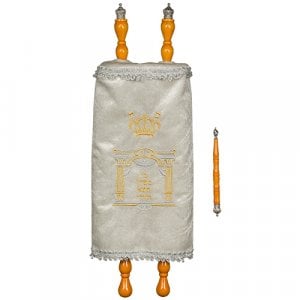 Torah Scroll for Children with Embroidered Velvet Cover & Pointer, White - Large