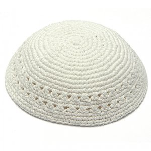 White Knitted Kippah with White Crocheted Border Design