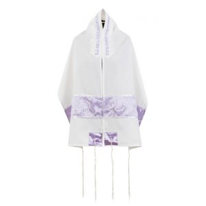 Ronit Gur Tallit Prayer Shawl Set, Lilac Swirl Design on Off-White - Viscose