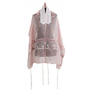 Ronit Gur Tallit Prayer Shawl Set, Sheer Pink with Flowers - Organza