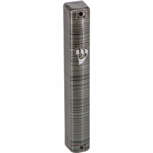 Metallic Look Gray Narrow Striped Mezuzah Case with Silver Shin