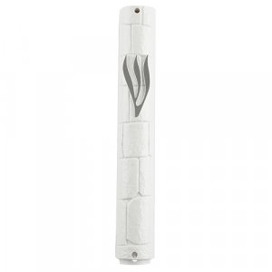 White Plastic Mezuzah Case with Western Wall Image  Silver Shin