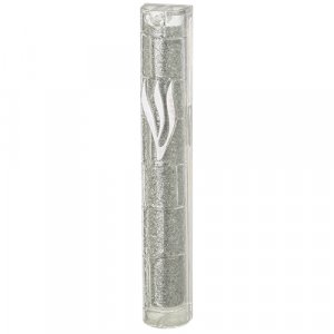 Glittering Metal Look Plastic Mezuzah Case with Western Wall Image  Silver Shin