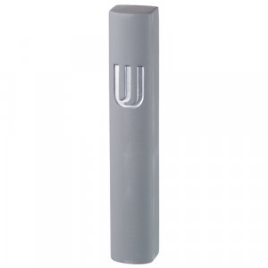 Rounded Light Gray Polyresin with Stone Effect Mezuzah Case  Silver Shin