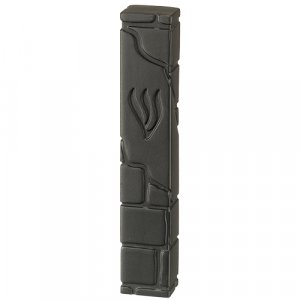 Black Polyresin Mezuzah Case, Western Wall Brick Design with Engraved Black Shin