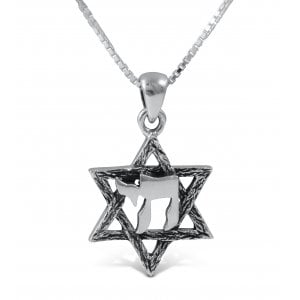 Star of David with Hebrew Chai, 925 Sterling Silver Pendant Necklace