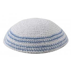 White Knitted Kippah with Light Blue Stripes