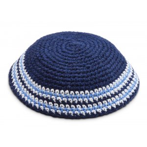 Dark Blue Knitted Kippah with Light Blue and White Border Stripes