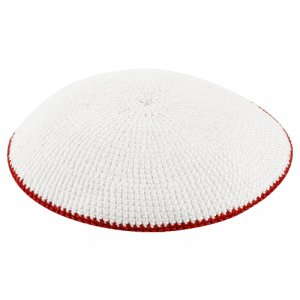 White DMC Knitted Kippah with Thin Red Border Stripe