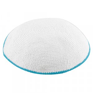 White DMC Knitted Kippah with Thin Light Blue Border Stripe