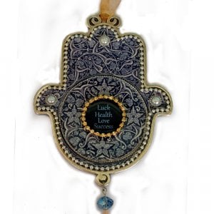 Iris Design Hamsa Wall Plaque, Swirling Motif on Dark Blue - English Blessings