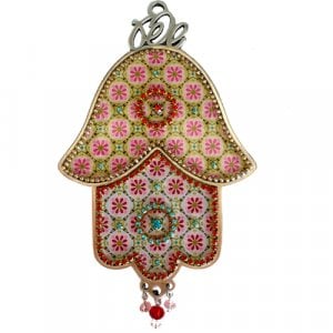 Iris Design Hamsa Wall Plaque - Oriental Pink and Green Theme with Eye Motif