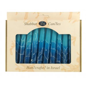 Decorative Handmade Galilee Shabbat Candles - Blue and Turquoise with Streaks