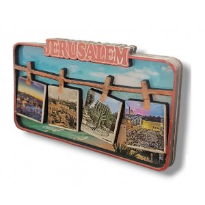 Colorful 3D Cutout Wood Jerusalem Magnet, Hanging Clothesline - Jerusalem Sites