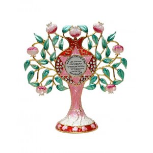 Gleaming Free Standing Enamel Pomegranate Tree, Green and Pink - Home Blessing