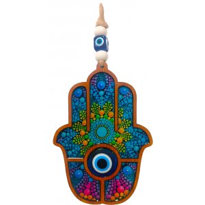 Wood Hamsa Wall Hanging for Protection from Evil Eye - Colorful Pop Art Design