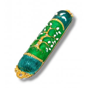 Gleaming Mezuzah Case, Tree of Life with Pomegranates - Gold, Shades of Green