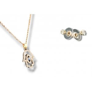 Hamsa Pendant Necklace with Stud Earrings, Rhodium  Choice of Silver or Gold